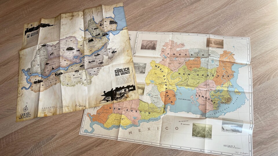 Für diesen Artikel habe ich extra noch die Maps von Red Dead Redemption 1 und 2 rausgekramt. Die von GTA 5 und 4 schlummern irgendwo im Keller. Sind sie nicht wunderschön? (Bildquelle: Privat)