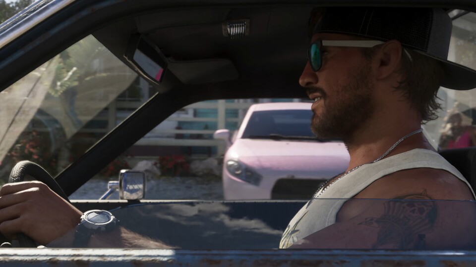Auch diese Szene ist ein echtes Highlight. Hier reflektieren gleich acht Oberflächen per Ray-Tracing die Umgebung: Die Fenster des Wagens, die Rückspiegel, Jasons Sonnenbrille, das im Hintergrund geparkte Auto und seine Armbanduhr.