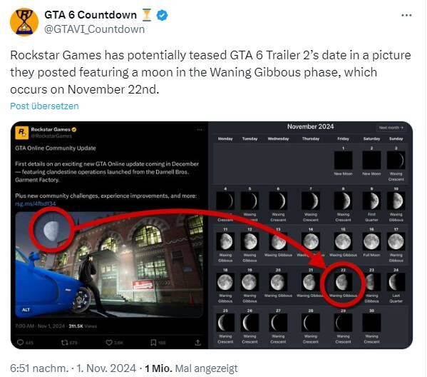 Die Umrechnung der Mondphase auf dem Bild ergibt den 22. November. (Quelle: https:x.comGTAVI_Countdown)