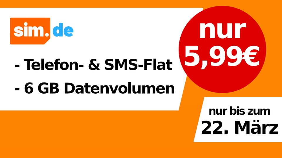 Nur bis 11 Uhr am Dienstag bekommt ihr bei Sim.de einen günstigen Handyvertrag mit 6 GB LTE sowie Telefon- und SMS-Flat.
