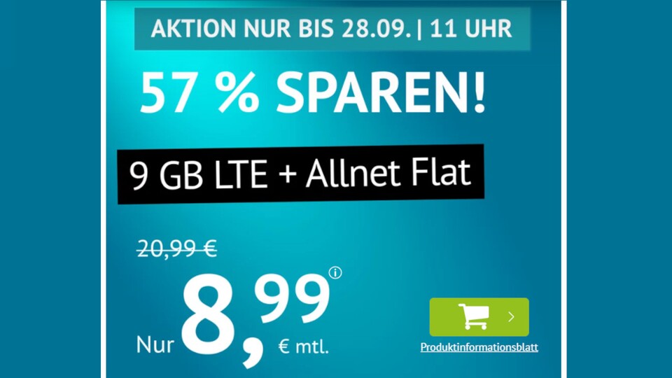 Bei Handyvertrag.de bekommt ihr gerade einen Tarif mit 9 GB LTE und Allnet-Flat für 8,99 Euro.
