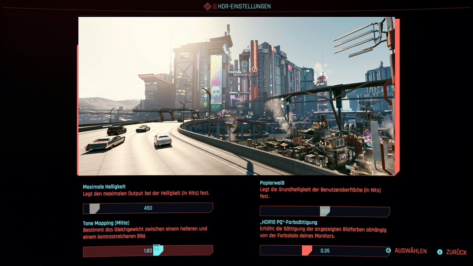 Cyberpunk 2077 erlaubt euch keinen Zugriff auf die Nits-Slider im Handheld-Modus, das Spiel stellt sich also selbst auf 450 Nits, was in etwa der Helligkeit des Displays entspricht. Nur die durchschnittliche Spielhelligkeit kann justiert werden.