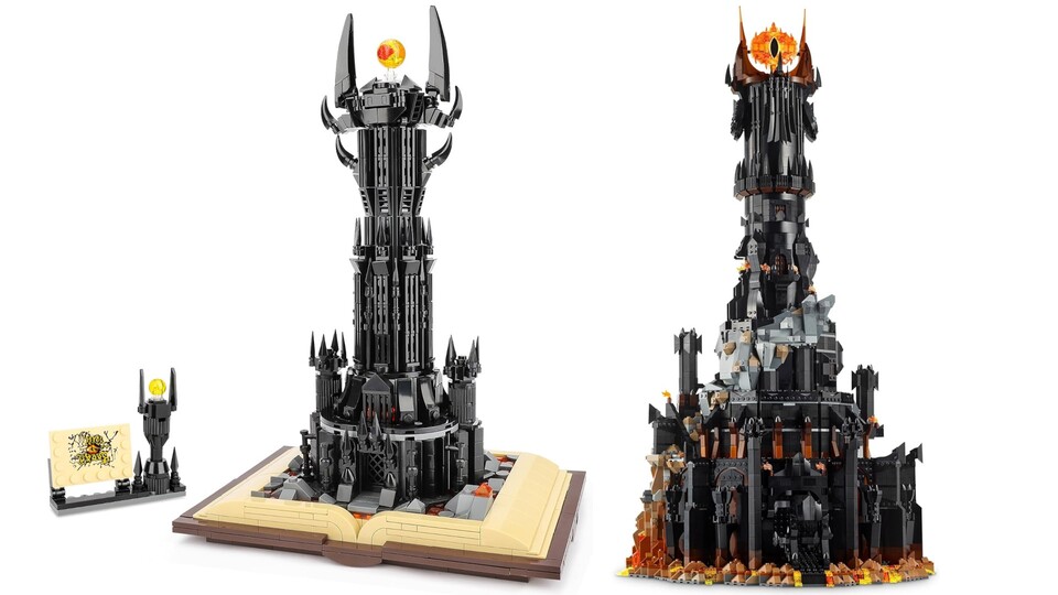 Die LEGO-Version von Barad-dûr (rechts) ist zwar noch eindrucksvoller und größer (83 im Vergleich zu 29 cm) als die günstige Alternative, aber auch rund 14 mal so teuer.