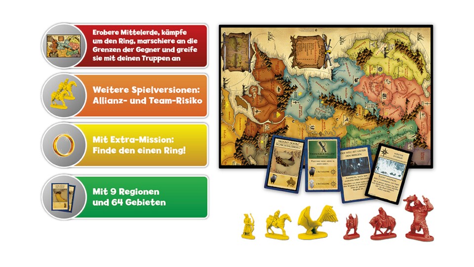 Herr der Ringe Risiko wird selbstverständlich mit thematisch passenden Figuren für eure Armeen geliefert.