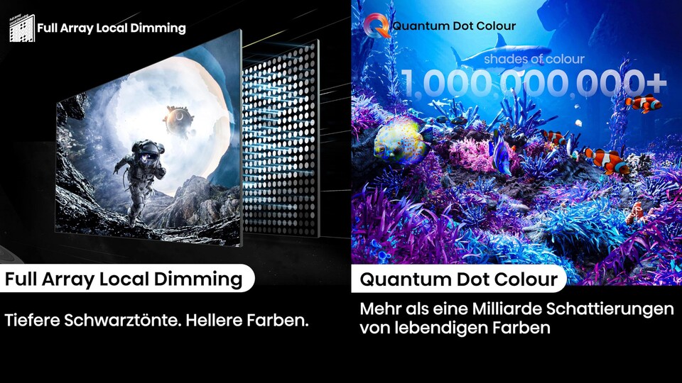 Full Array Local Dimming und QLED sind nur zwei der Features, die beim Hisense E77NQ Pro 4K-Fernseher für ein gutes Bild sorgen.