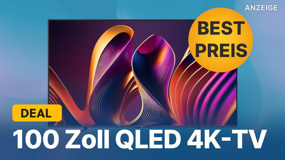 Nicht nur riesige Ausmaße, sondern auch gute Qualität: Der QLED-Fernseher Hisense E77NQ Pro mit 100 Zoll ist ein echtes Schnäppchen.