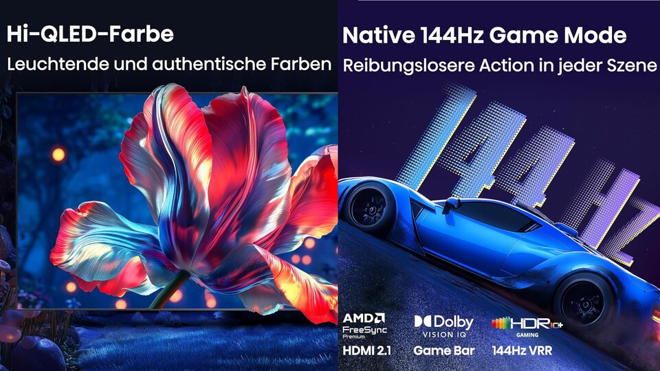 QLED und 144Hz sind zwei der wichtigsten Features des Hisense E7DS Pro 4K-Fernsehers.