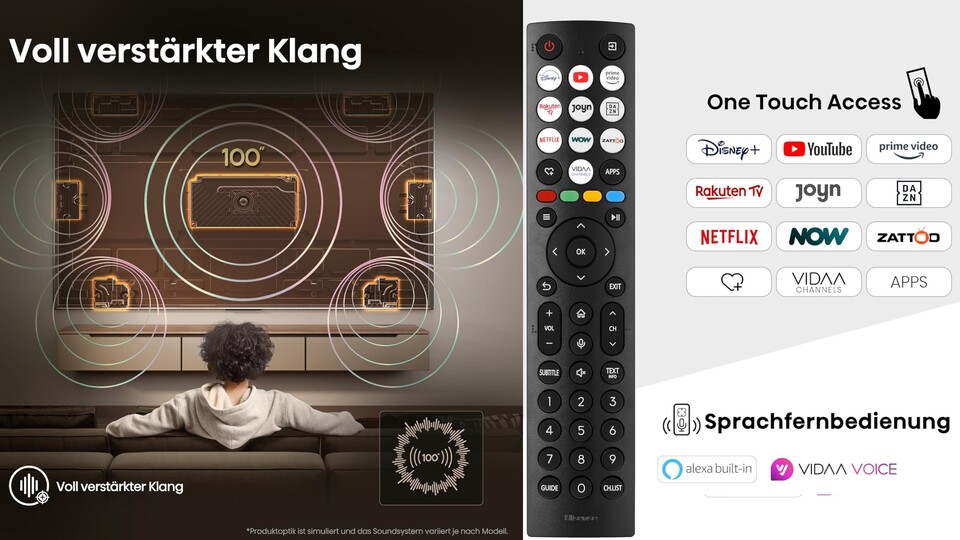 Neben einem guten Bild bietet der 100 Zoll große Hisense E7NQ auch einen recht guten Klang für einen 4K-TV und zudem einen umfangreichen App-Support.