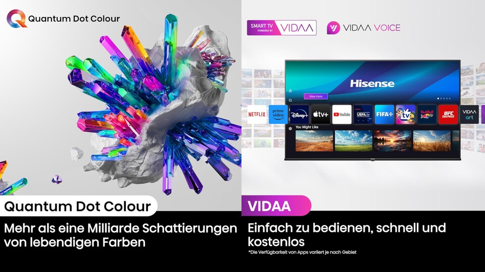 Mit den Hisense E7NQ 4K-TV bekommt ihr unter anderem ein gutes Bild dank QLED und eine simple Steuerung dank Sprachfernbedienung.