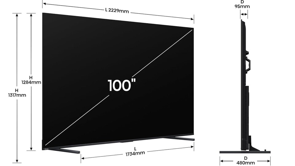 Hier die Maße des riesigen QLED-Fernsehers, damit ihr wisst, ob ihr überhaupt genügend Platz in eurer Wohnung habt.
