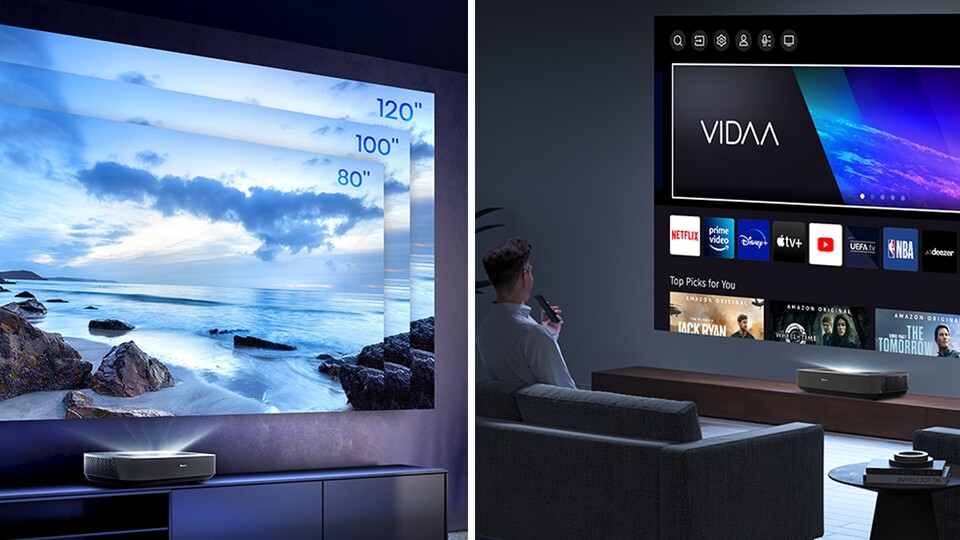 Lieber 80, 100 oder 120 Zoll? Bei einem Laser-TV könnt ihr die Größe bestimmen. Das geht sonst bei keinem Fernseher.