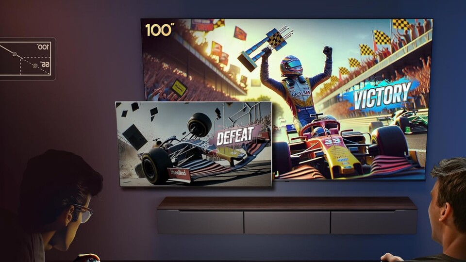 Mit diesem Bild will Hersteller Hisense verdeutlichen, wie winzig gewöhnliche 4K-Fernseher mit 55 Zoll oder weniger im Vergleich zum einem 100 Zoll-Giganten wirken.