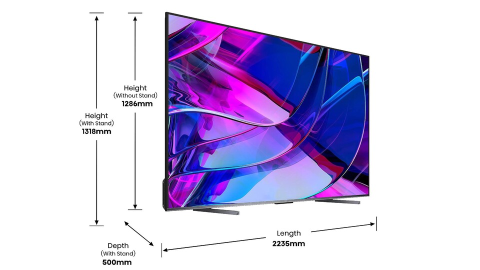 Bevor ihr den Hisense U7KQ mit 100 Zoll kauft, solltet ihr natürlich prüfen, ob ihr wirklich Platz für den mehr als zwei Meter breiten und über 70 kg schweren 4K-Fernseher habt.