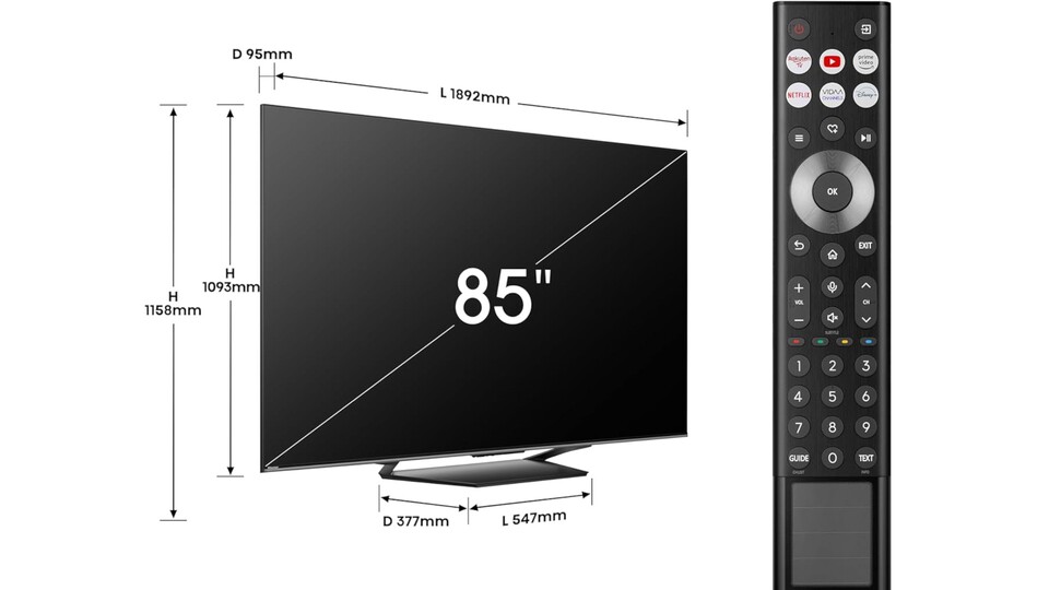 Für die 85-Zoll-Version des Hisense U7NQ müsst ihr schon etwas Platz einplanen, schließlich ist der 4K-Fernseher gute 1,89 Meter breit.