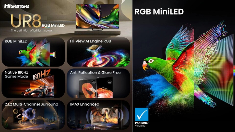 Mit dem Hisense UR8 bekommt ihr einen 4K-Fernseher mit einer Menge Features, von denen das RGB-MiniLED-Display das spektakulärste ist.