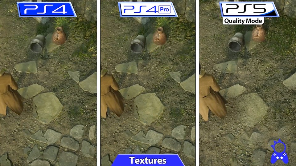 Auf der PS5 sinken die Steinplatten im Boden ab, auf der PS5 stechen sie deutlicher hervor. (Bildquelle: ElAnalistaDeBits Youtube)