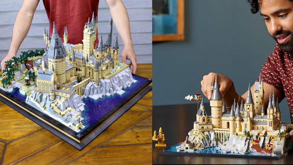 Hier seht ihr das Hogwarts-Set von Mould King (links) im Vergleich zum deutlich kleineren, aber kaum günstigeren LEGO-Set mit 2660 Teilen.