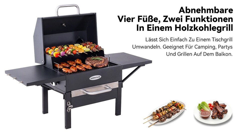 Ihr wollt den Grill auf den Tisch stellen oder zum Camping mitnehmen? Dann klappt den Unterbau weg und seid mobil!