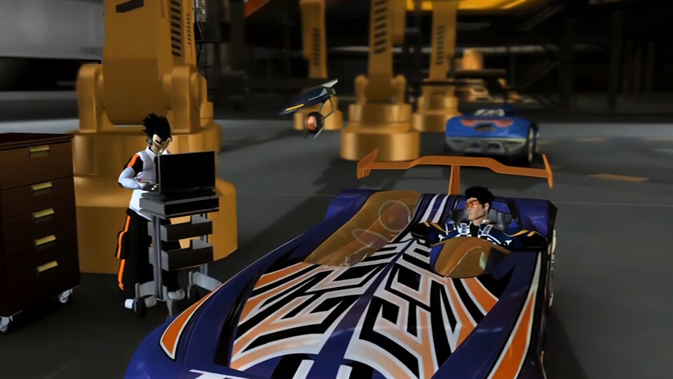 Zwischen den Rennen quatschen die Charaktere in der Basis und tunen ihre Autos (Bild © Mainframe Entertainment).