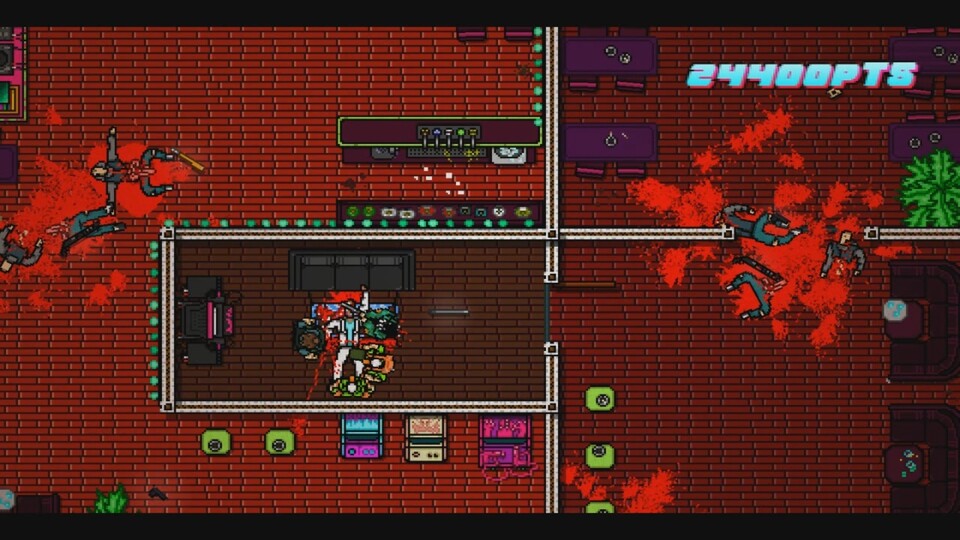 In Hotline Miami 2 spritzt literweise Pixelblut. Nur die Vergewaltigungsszene lässt sich im Menü ausschalten.