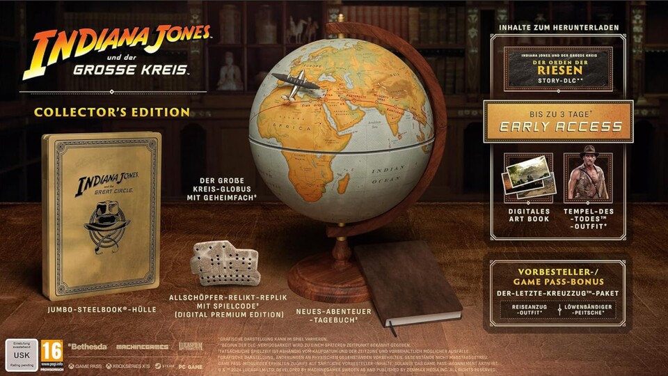 Neben den digitalen Inhalten der Premium Edition bietet die Collectors Edition von Indiana Jones und der Große Kreis auch aufwendige physische Extras.