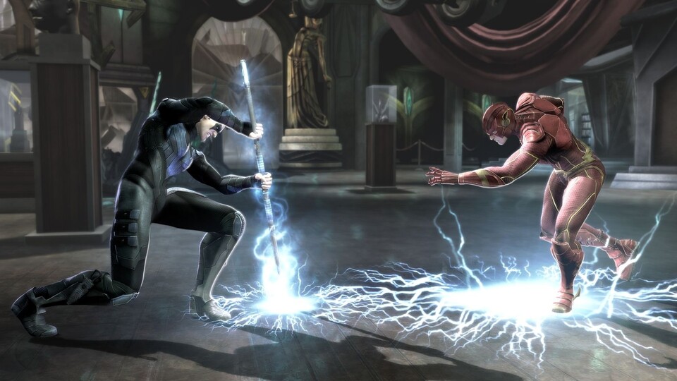 Nightwing setzt mit seinem Kampfstab den Boden unter Strom - Flash findet das gar nicht lustig!