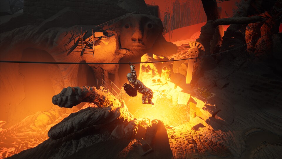 Geschickte Fortbewegung durch die Lava-Gebiete ist sehr wichtig. Frank kann dafür auch Ziplines nutzen.