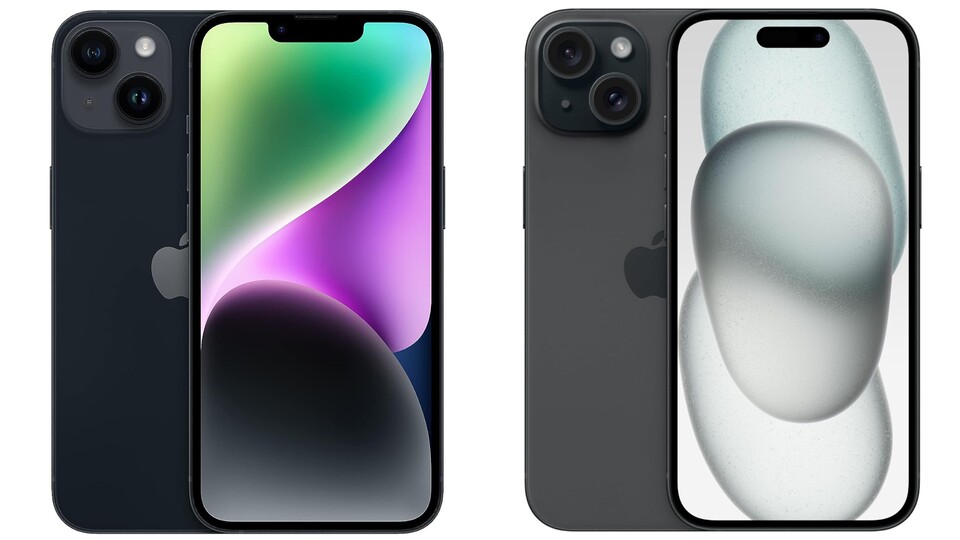 Bei der Kamera und der Display-Helligkeit ist das Apple iPhone 15 (rechts) dem iPhone 14 überlegen. Dafür hält der Akku nicht so lange durch.