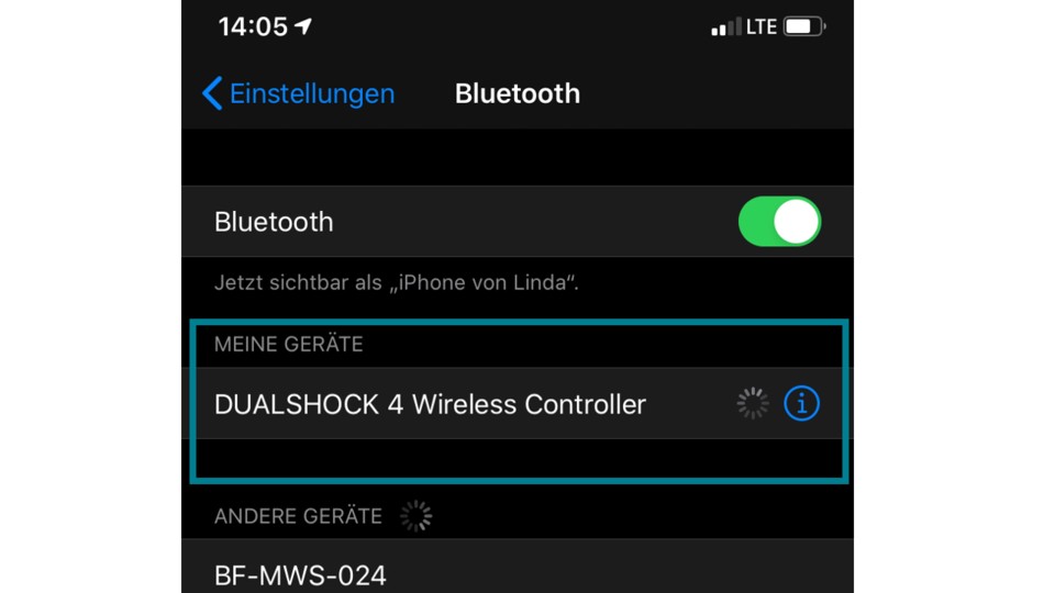 Der Controller sollte in den Bluetooth-Verbindungen angezeigt werden.