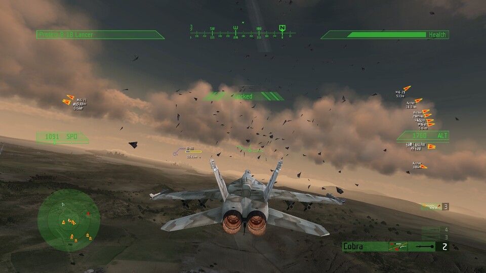 Kampfflugzeug-Konfetti: Die lachhaften Explosionen sind ein echter grafischer Tiefflieger.