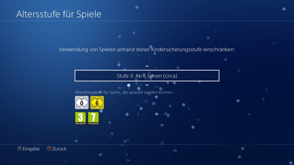 Jede Stufe entspricht einer PEGI bzw. USK-Freigabe. Im Menü wird die jeweilige Entsprechung angezeigt.