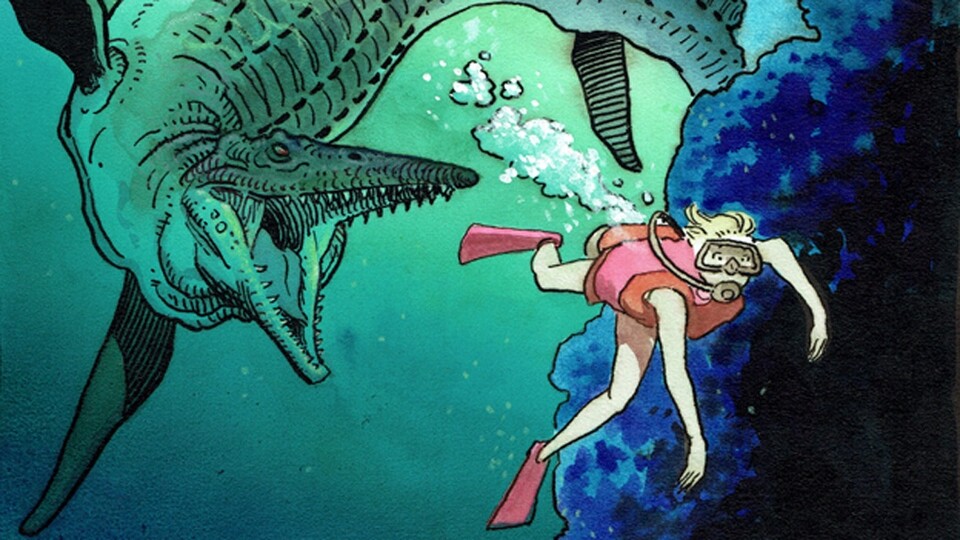 Mosasaurier Concept Art zur gescheiteren Jurassic Park-Serie von Illustrator William Stout.