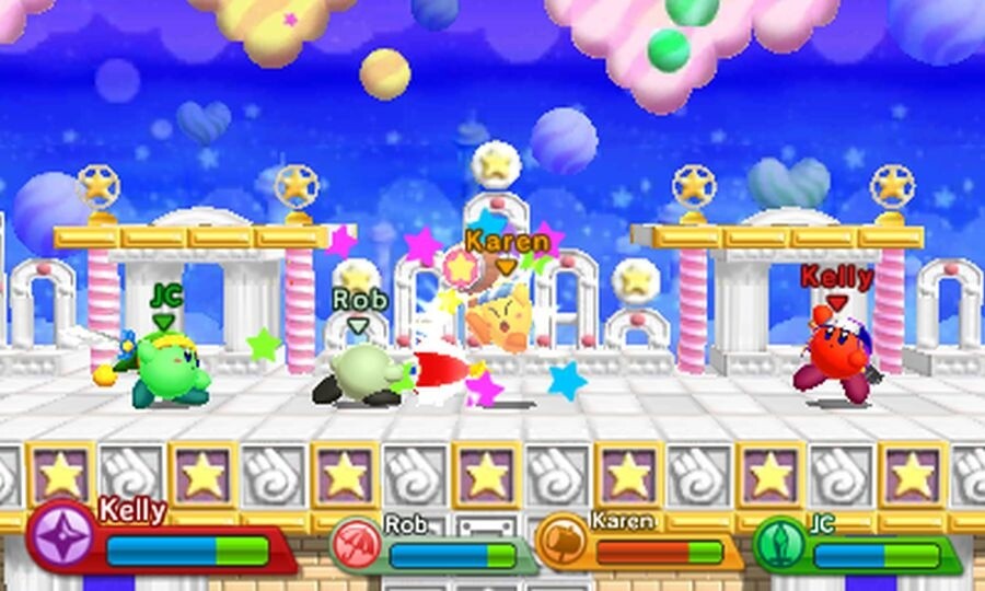 Im Spielmodus »Kirbys Recken« können wir mit bis zu drei Freunden Wettkämpfe bestreiten.