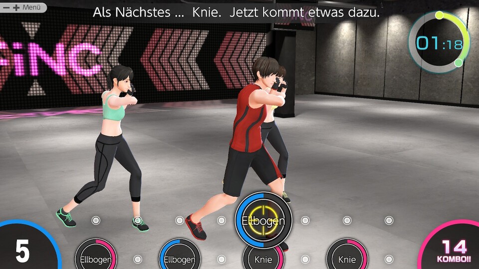 Zum Rhythmus der Musik absolvieren wir verschiedene Techniken, was mit der Dauer des Workouts an Komplexität zunimmt. So können sich auch schneller Fehler einschleichen, die echte Trainer*innen korrigieren würden.