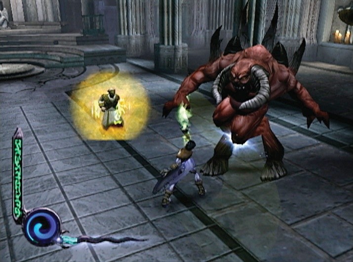 Die Priester sind fiese Gegner. Zu ihrer Hilfe rufen sie solche riesigen Dämonen, mit denen ihr schon in Soul Reaver 2 Bekanntschaft gemacht habt. Screen: Xbox