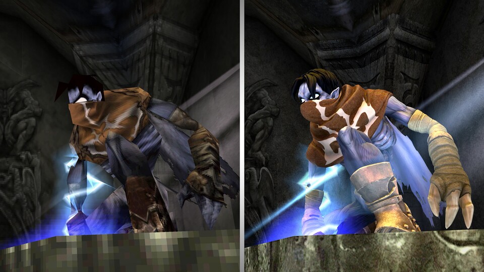 Der grafische Sprung zwischen dem Original (links) und dem Remaster ist insbesondere dem Protagonisten von Soul Reaver deutlich anzusehen.