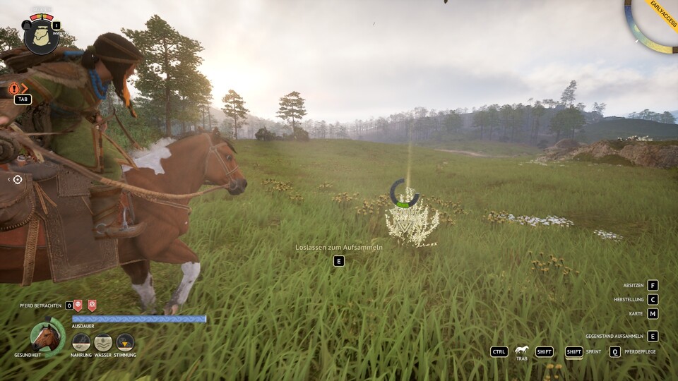Coole Idee: Ich kann beim Reiten Ressourcen vom Boden aufsammeln, muss dafür aber das richtige Timing erwischen.
