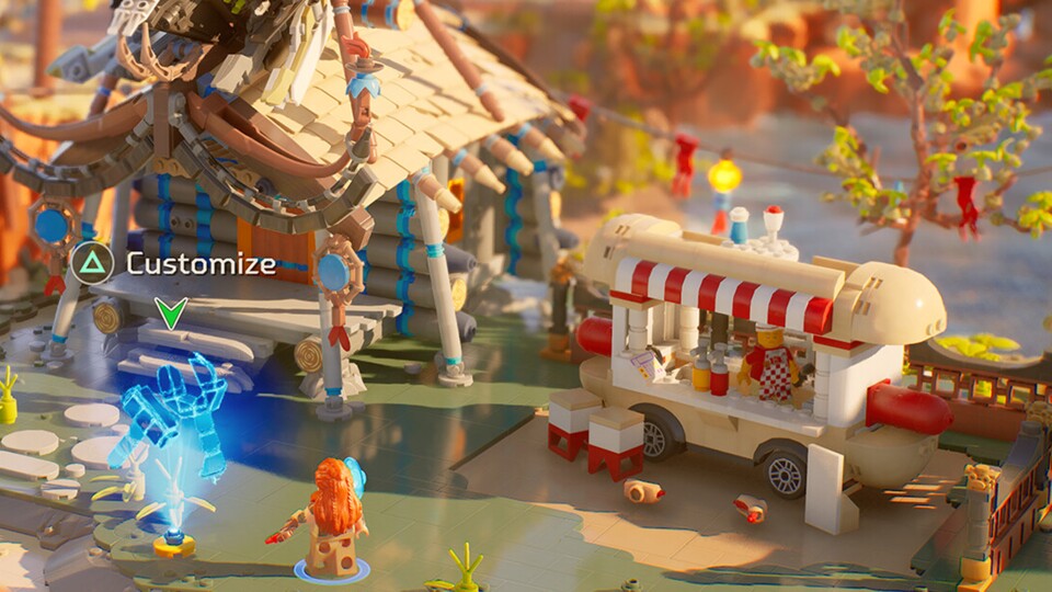 Die Spielwelt von LEGO Horizon wird teils auch durch andere Baustein-Sets aufgelockert, wie hier eine Hotdog-Bude.