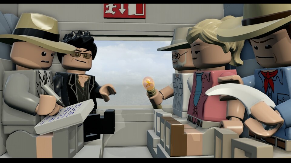 Die Lego-Versionen der Charaktere aus den Kinofilmen sind famos gut gelungen. Allen voran Jeff Goldblum mit seinem Macho-Gehabe (hinten links). 