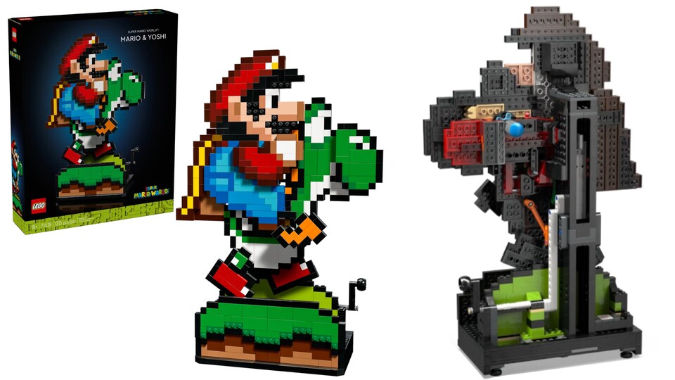 Die Vorderseite des LEGO Mario + Yoshi-Sets ist im dekorativen Retro-Look gehalten, die Rückseite offenbart die raffinierte Mechanik, die Yoshi rennen lässt.