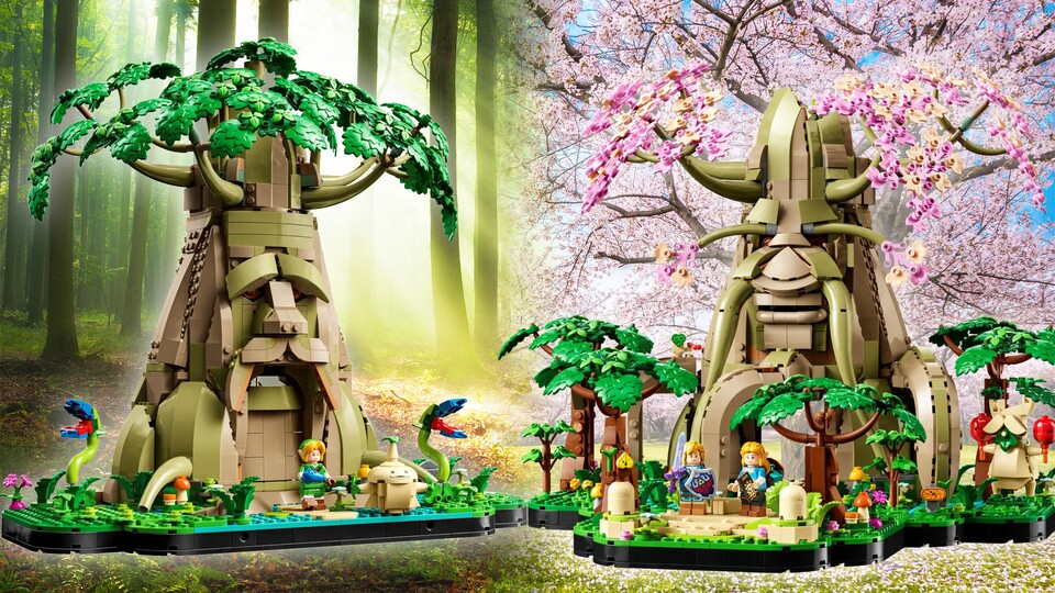 Passend zur anstehenden Sakura-Saison erblüht der Deku-Baum aus Breath of the Wild (r) in rosa Blüten.