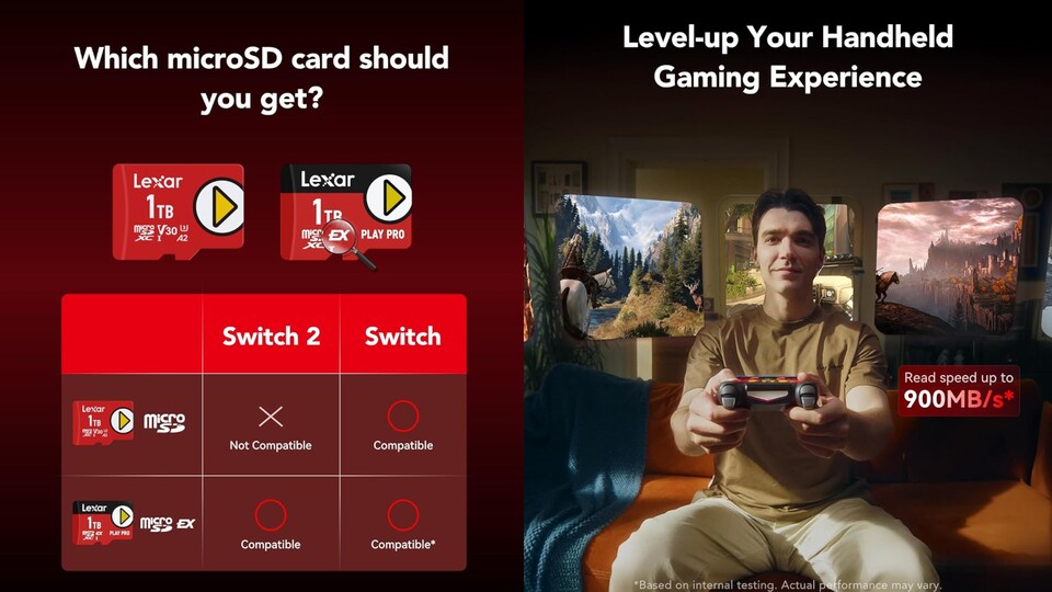 Mit ihrer Lesegeschwindigkeit von bis zu 900 MBs ist die Lexar Play Pro MicroSD Exrpess bestens für die Nintendo Switch 2 geeignet.