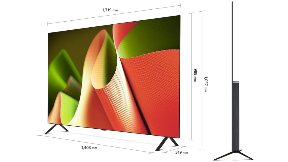 Falls euch eine breite Standfläche für den 77 Zoll großen LG OLED B4 4K-TV fehlt, könnt ihr ihn durch seine schlanke Form auch gut an die Wand hängen.