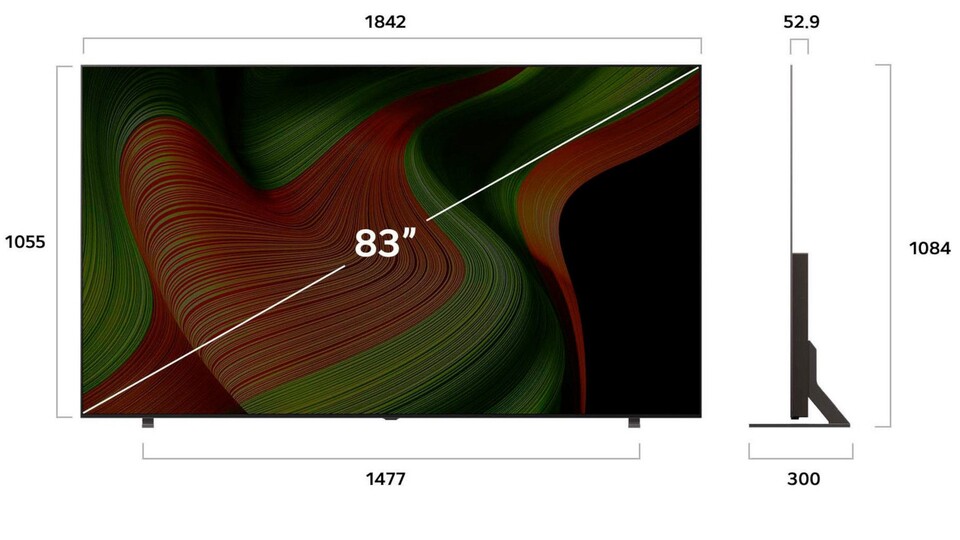 Hier die Maße des LG OLED 83B59, damit ihr wisst, ob der monströse 83 Zoll große 4K-Fernseher überhaupt in eure Wohnung passt.