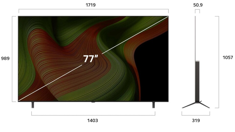 Vor dem Kauf solltet ihr natürlich prüfen, ob ihr überhaupt den Platz für den LG OLED B59 4K-TV mit 77 Zoll habt (Maßangaben in mm).