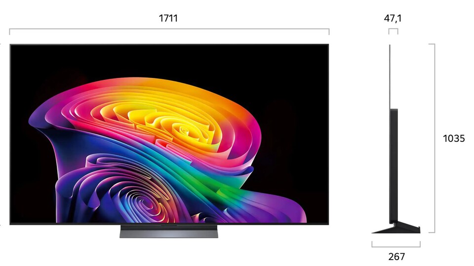 Hier die Maße der 77-Zoll-Version des LG OLED C67, damit ihr wisst, ob ihr überhaupt genug Platz im Wohnzimmer für den riesigen Fernseher habt.