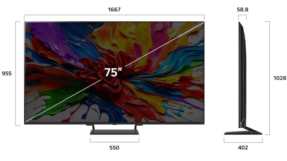 Hier die Maße des LG QNED93A6 4K-Fernsehers im Überblick.