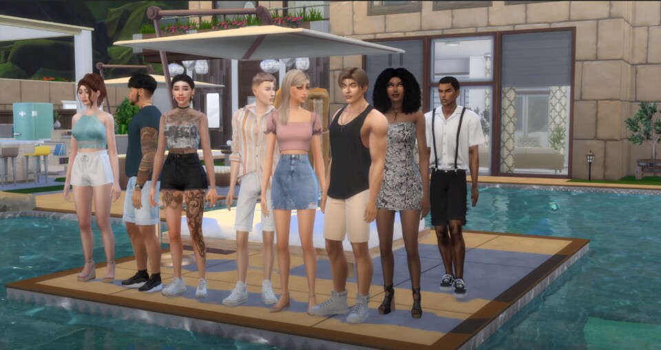 Die Kandidat*innen der simmlischen Love Island Villa. Quelle: Simfinity auf YouTube