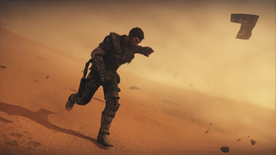 In der Endzeitwelt von Mad Max brechen aus heiterem Himmel Sandstürme los, die gefährliche Trümmer durch die Luft wirbeln.