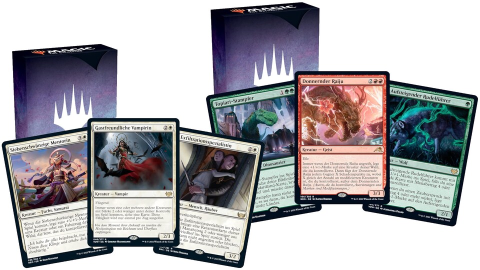 Das Magic: The Gathering Einsteigerpaket enthält zwei sofort spielbare Decks in Weiß-Blau und Rot-Grün.